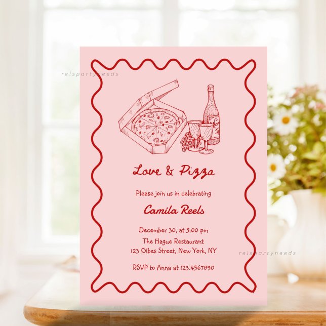 Whimsique Hand plockade Pizza & Vin Möhippa Inbjudningar (whimsical, hand drawn, hand written, hand illustrated, bridal shower invitation, pizza bridal shower)