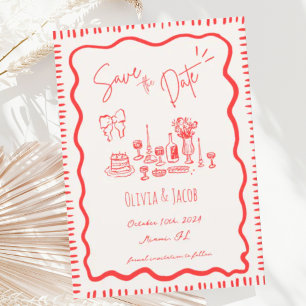 Whimsique Hand plockade Red Bow Scribble Vågigt Br Inbjudningar