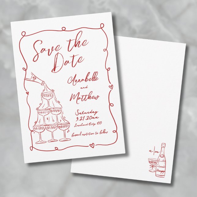 Whimsique Hand plockade Red Bröllop spara datum Spara Datumet (Whimsical Hand Drawn Red Wedding Save The Date)