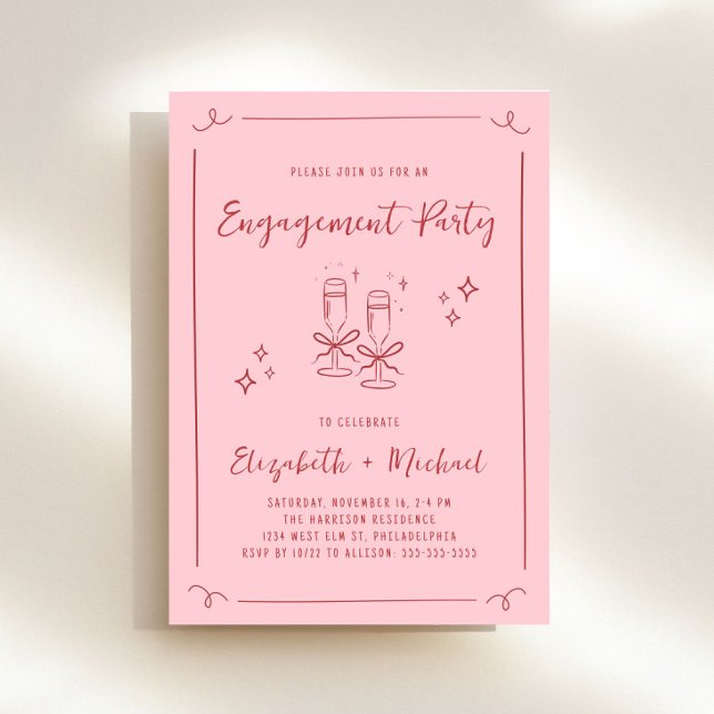 Whimsique Hand plockade Rosa Red Förlovningsfest Inbjudningar (Whimsical pink + red engagement party invitation to set the tone for an unforgettable event)