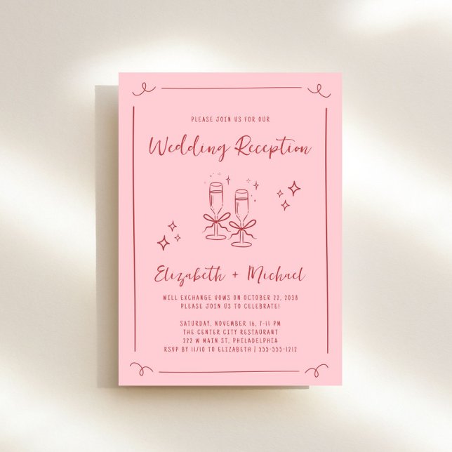 Whimsique Hand plockade Rosa Red Wedding Reception Inbjudningar (Whimsical pink + red wedding reception invitation to set the tone for an unforgettable event)