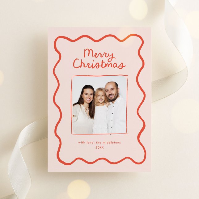 Whimsique Hand plockade Vågigt julfoto från Gräns Julkort (whimsical, quirky Christmas photo card with hand drawn doodle border in orange)