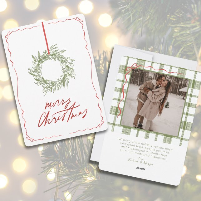 Whimsique Hand plockade Wandeans Foto jul Julkort (Whimsical Hand Drawn Wreath Photo Christmas Holiday Card)