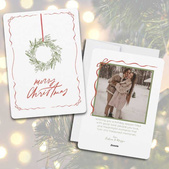 Whimsique Hand plockade Wandeans Foto jul Julkort (Simple Hand Drawn Wreath Photo Christmas Holiday Card)