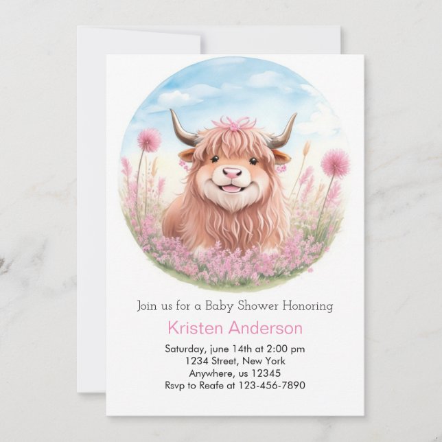 Whimsique Highland Cow Rosa Girl Baby Shower Inbjudningar (Framsida)
