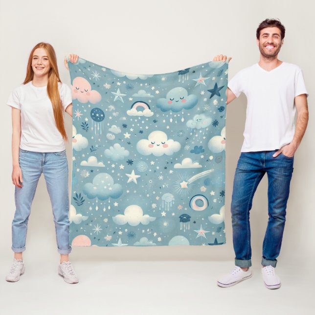 Whimsique Himmel Mönster med moln, stjärnor - blå Fleecefilt (På plats)