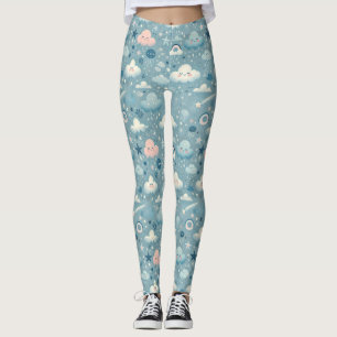 Whimsique Himmel Mönster med moln, stjärnor - blå Leggings