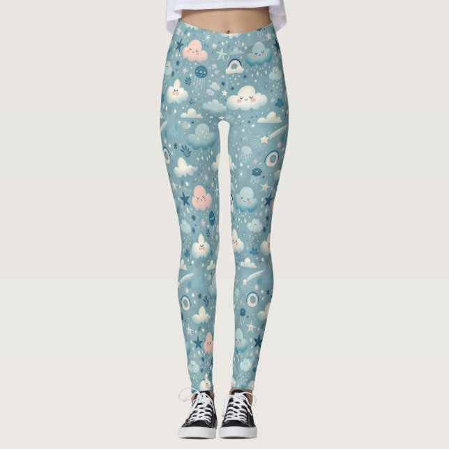 Whimsique Himmel Mönster med moln, stjärnor - blå Leggings (Framsida)