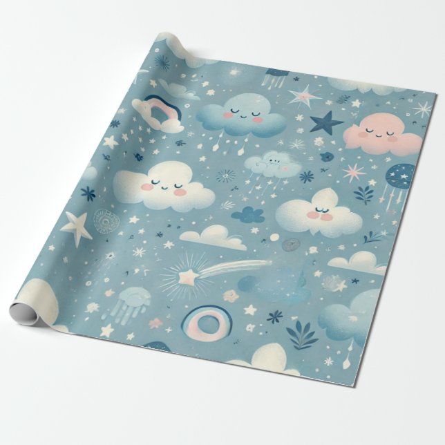 Whimsique Himmel Mönster med moln, stjärnor - blå Presentpapper (Utrullad)