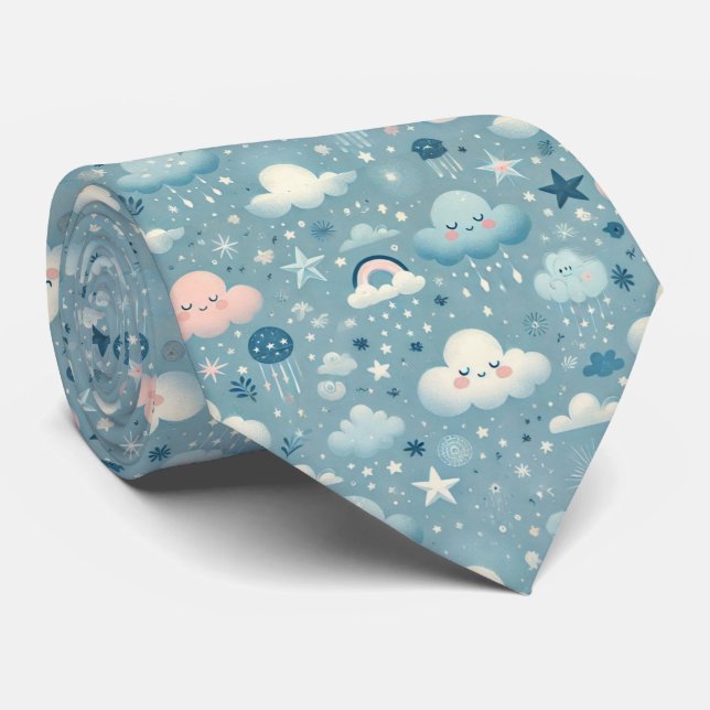 Whimsique Himmel Mönster med moln, stjärnor - blå Slips (Rullad)