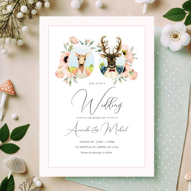 Whimsique Hjort par Blommigt Bröllop Inbjudningar (Whimsical Deer Couple Floral Wedding Invitation)