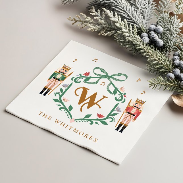 Whimsique jul Nutcracker Monogram Vapensköld Bow Pappersservett (Whimsical Christmas Nutcracker Monogram Crest Bow Napkins)