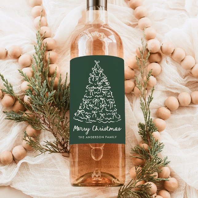 Whimsique Julgran Bows Gräs Grönt Helgdag Vinflaska Etikett (Skapare uppladdad)