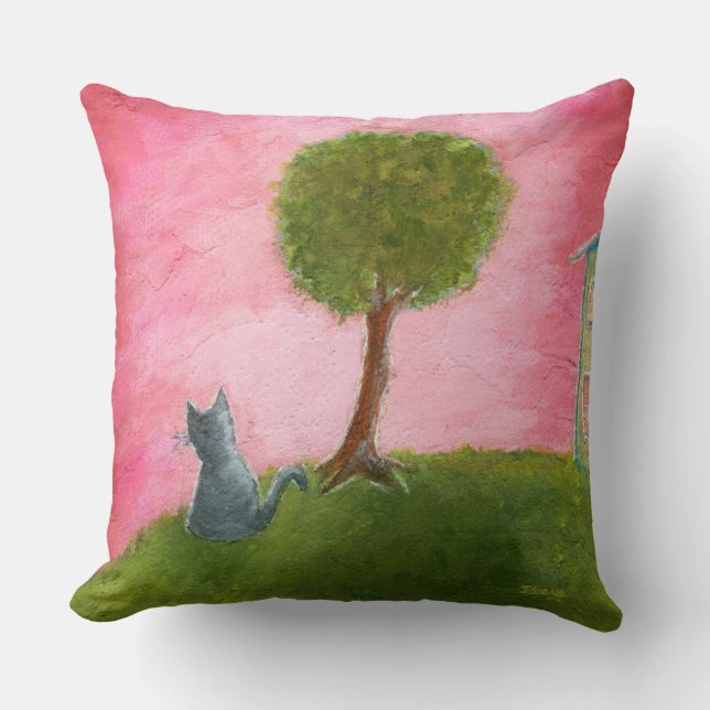 Whimsique Kattunge Folk Art Painting Rosa Himlar Kudde (Framsida)