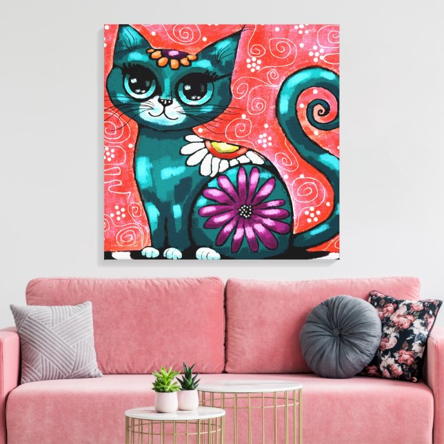 Whimsique Kattunge Sitta vid Matta Blommigt Teal Canvastryck (Insitu (Vardagsrum))
