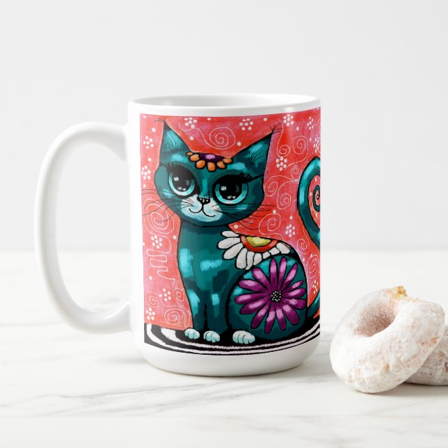 Whimsique Kattunge Sitta vid Matta Blommigt Teal Kaffemugg (Med munk)