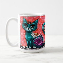Whimsique Kattunge Sitta vid Matta Blommigt Teal Kaffemugg