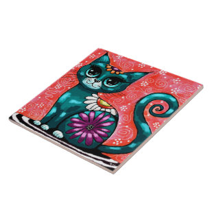 Whimsique Kattunge Sitta vid Matta Blommigt Teal Kakelplatta