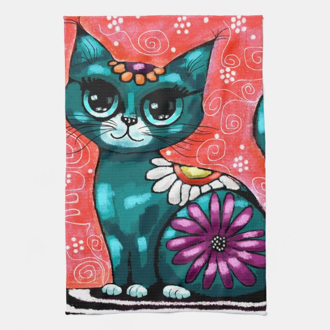 Whimsique Kattunge Sitta vid Matta Blommigt Teal Kökshandduk (Vertikal)