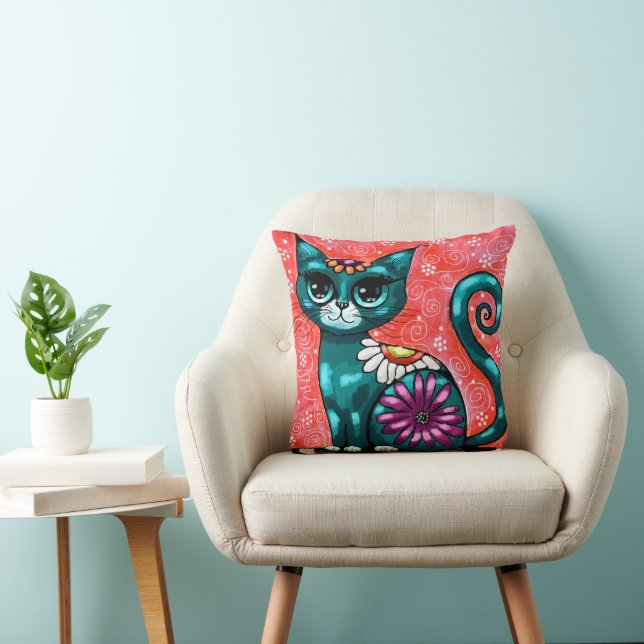 Whimsique Kattunge Sitta vid Matta Blommigt Teal Kudde (Stol)