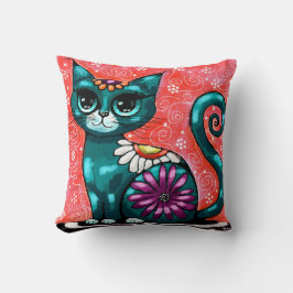 Whimsique Kattunge Sitta vid Matta Blommigt Teal Kudde