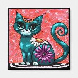 Whimsique Kattunge Sitta vid Matta Blommigt Teal Magnet