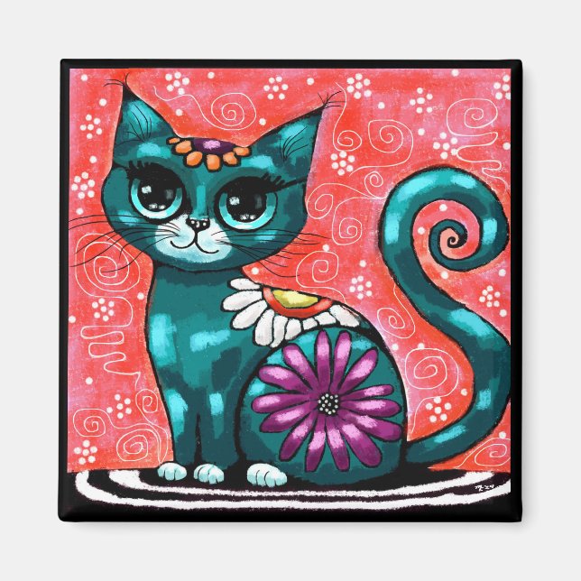 Whimsique Kattunge Sitta vid Matta Blommigt Teal Magnet (Framsidan)