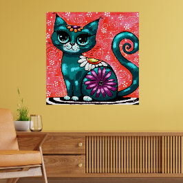 Whimsique Kattunge Sitta vid Matta Blommigt Teal Poster