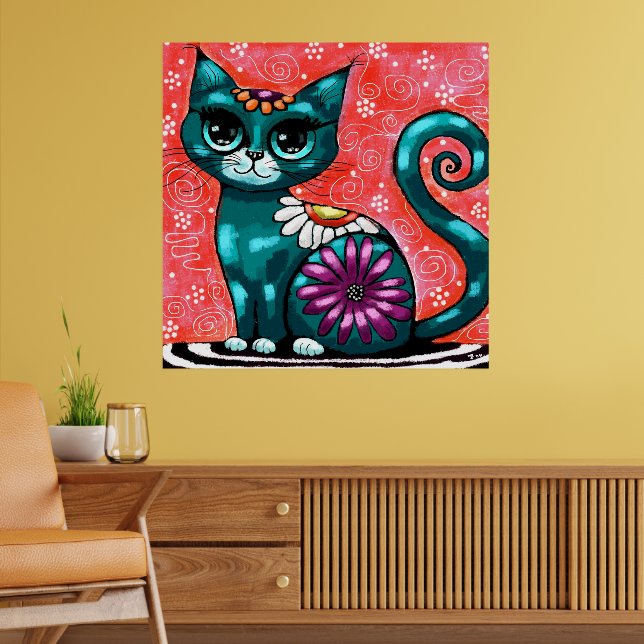 Whimsique Kattunge Sitta vid Matta Blommigt Teal Poster (Vardagsrum 2)