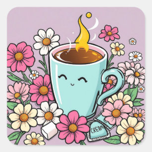Whimsique Kopp of Warm Coffee and Flowers Fyrkantigt Klistermärke