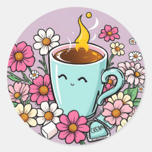 Whimsique Kopp of Warm Coffee and Flowers Runt Klistermärke