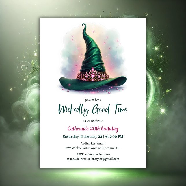 Whimsique Krona & Grönt Witch Hat Birthday Inbjudningar (Whimsical Crown & Green Wicked Witch Hat Birthday Invitation)