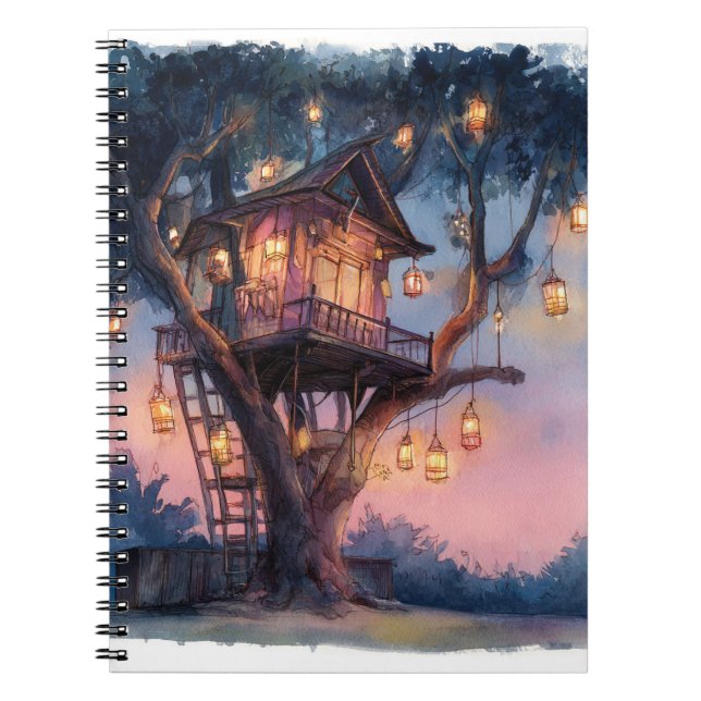 Whimsique Lantern Treehouse Twilight Art-bärbar da Anteckningsbok (Framsidan)