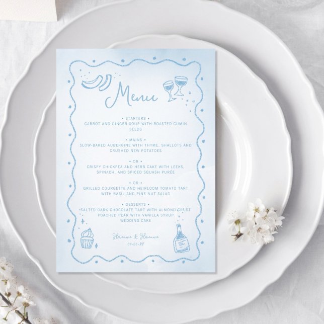 Whimsique Light Blue Hand plockade Food Bröllop Meny (Skapare uppladdad)