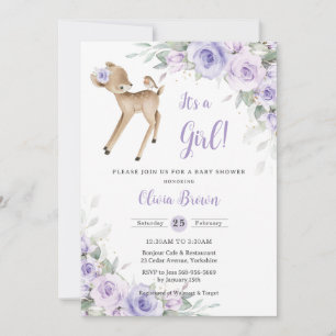 Whimsique Lila Blommigt Woodland Hjort Baby Shower Inbjudningar