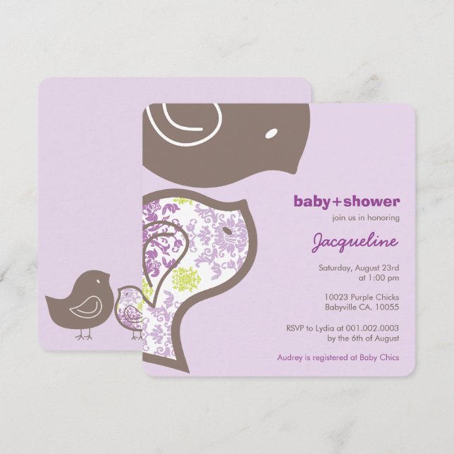 Whimsique Lila Damask Chicks Baby Shower Inbjudan (Fram/baksida)