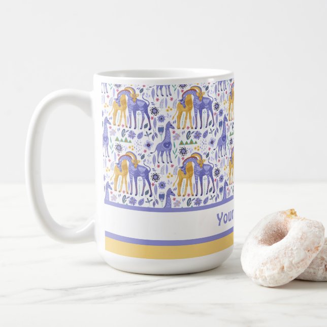 Whimsique Lila Teal Gult Giraffes Mönster Kaffemugg (Med munk)