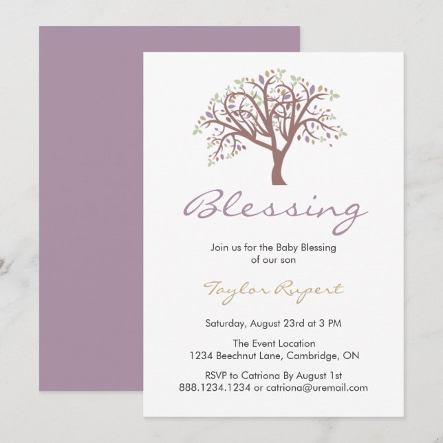 Whimsique Lila Träd Baby Blating Inbjudningar (Fram/baksida)