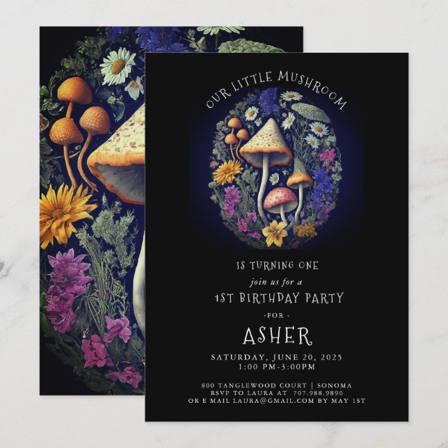 Whimsique Little Mushroom 1 Birthday Party Inbjudningar (Fram/baksida)