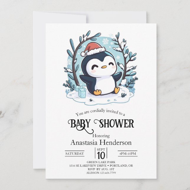 Whimsique Little Penguin Baby Shower Inbjudningar (Framsida)