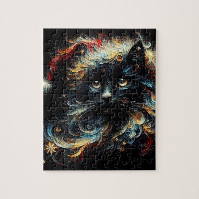 Whimsique Long Hair Black Cat jultomten Hat Pussel (Vertikal)
