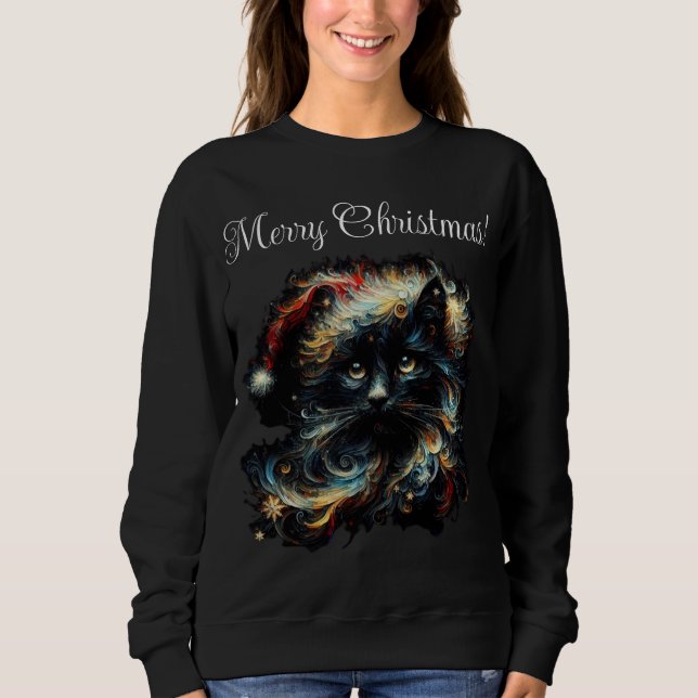 Whimsique Long Hair Black Cat jultomten Hat T Shirt (Framsida)