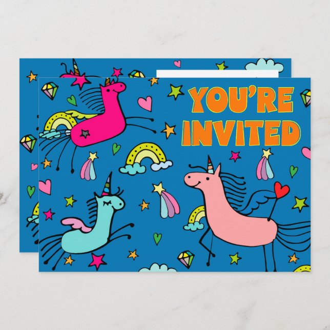 Whimsique Magic Unicorn Födelsedagsfest Inbjudningar (Fram/baksida)
