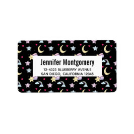 Whimsique Måne, Stars och Clouds Mönster på Black Adressetikett