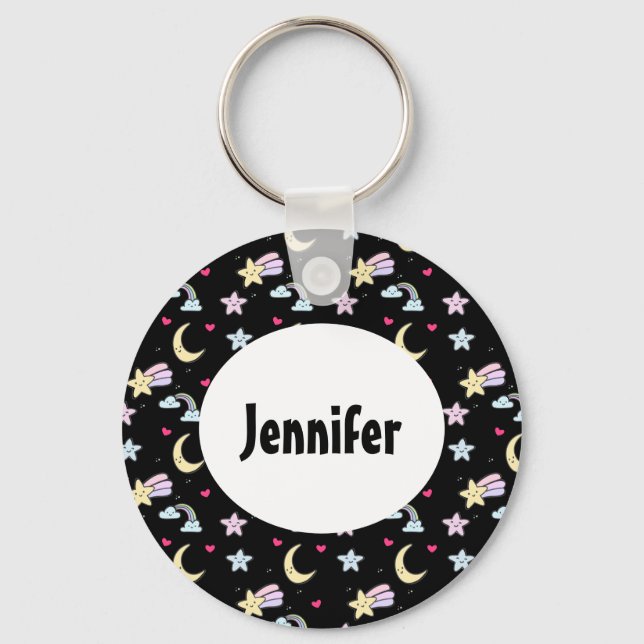 Whimsique Måne, Stars och Clouds Mönster på Black Nyckelring (Framsida)