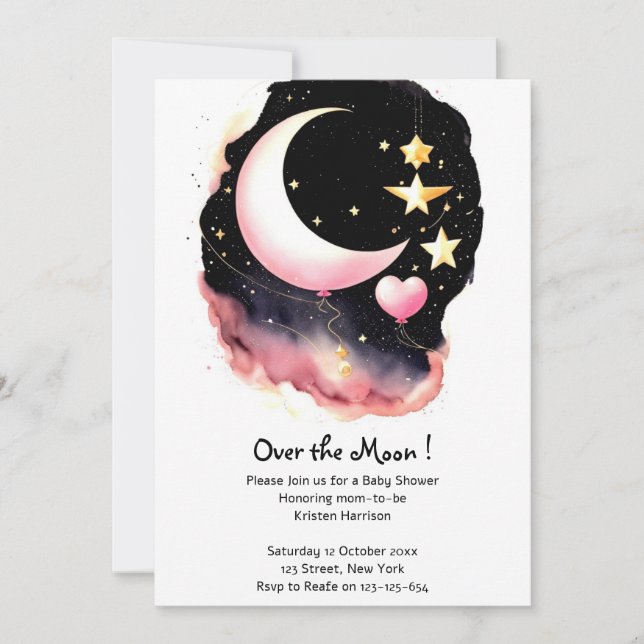 Whimsique Måne & Stars Watercolor Baby Shower Inbjudningar (Framsida)