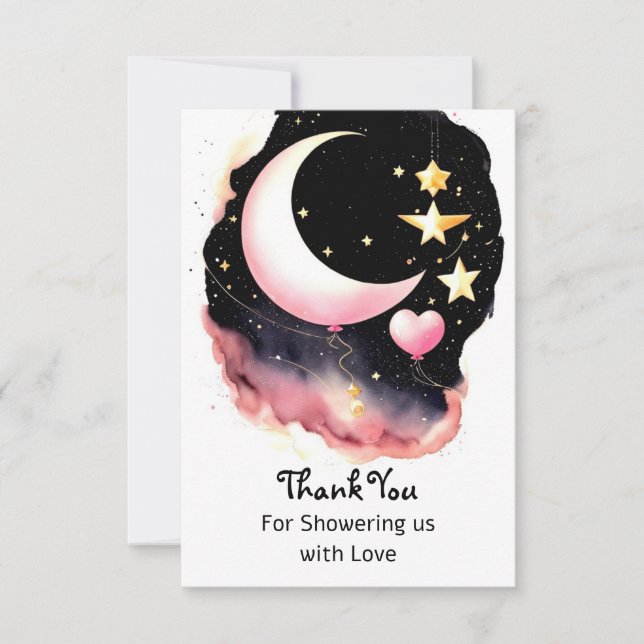 Whimsique Måne & Stars Watercolor Baby Shower Tack Kort (Framsida)