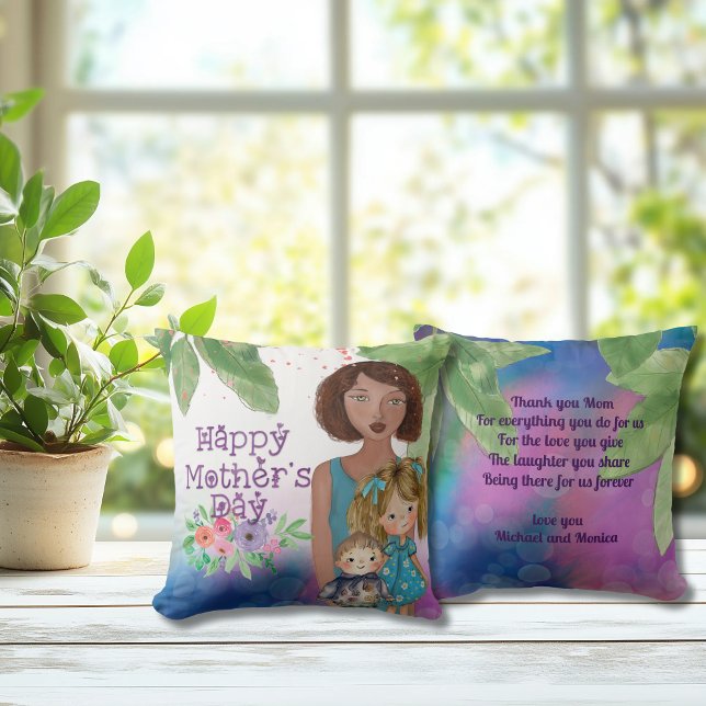 Whimsique Mor med barn | Mors dag Kudde (Whimsical Mother with kids  Mother's Day Throw Pillow)