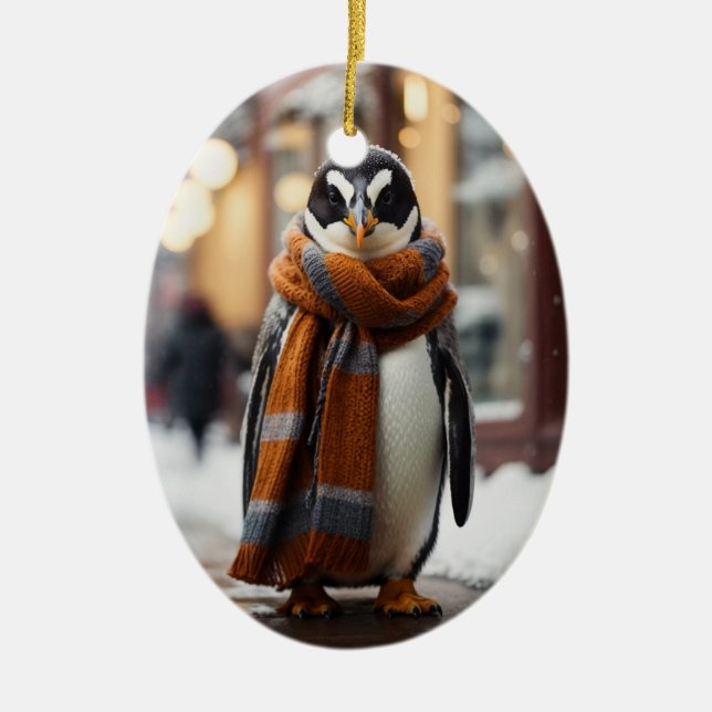 Whimsique Mysigt Penguin Snowy Winter Julgransprydnad Keramik (Framsidan)