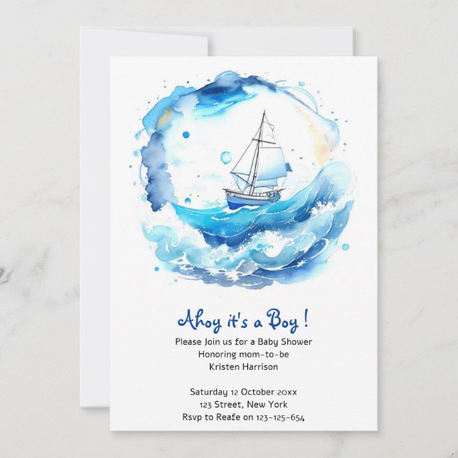 Whimsique Nautical Watercolor Boy Shower Inbjudningar (Framsida)